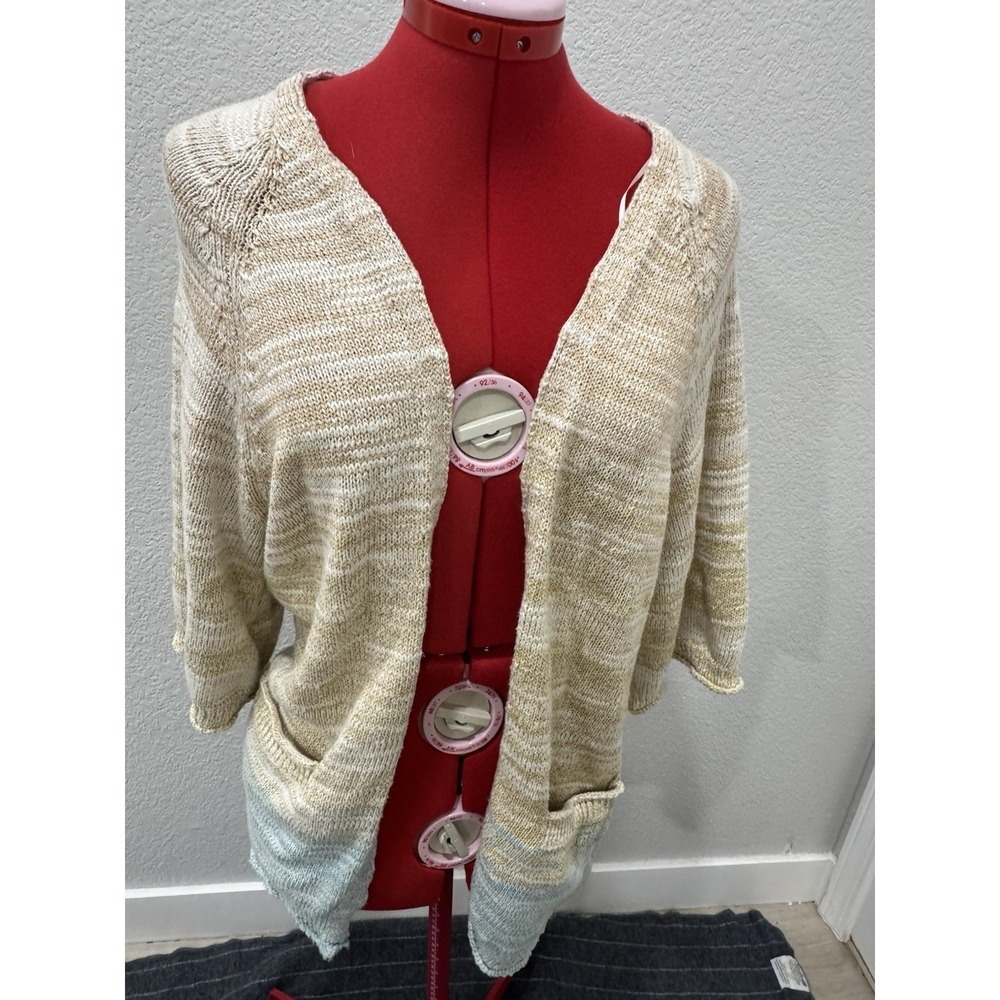 Daily Practice Knit Cardigan Sweater Tan Cream Blue Stripe Open Front 3/4 Sleeve